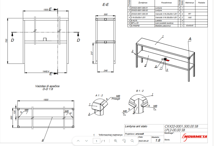 Upper shelf for table double